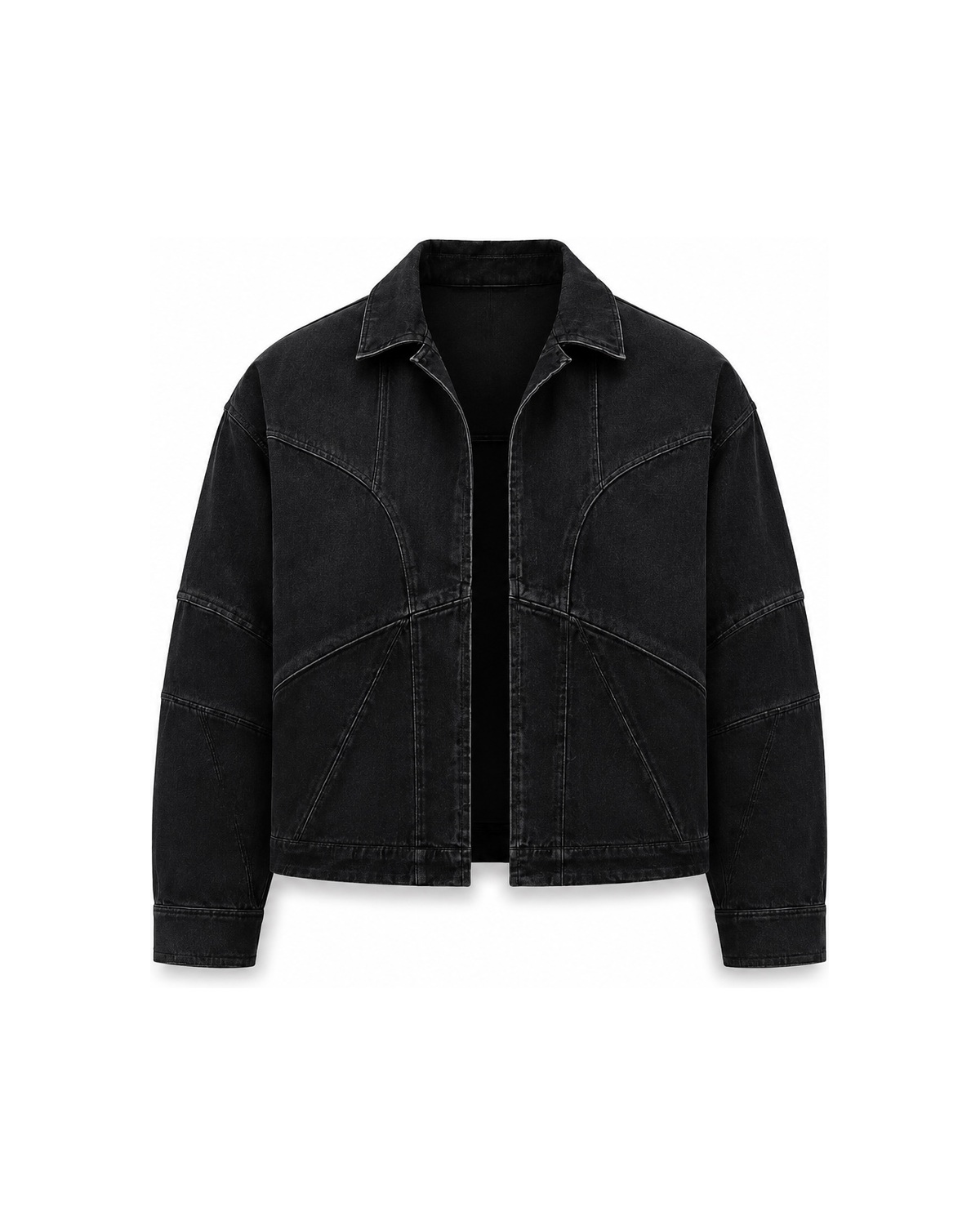 Fronte della giacca nera NOVERA Obsidian Arc con cuciture curve